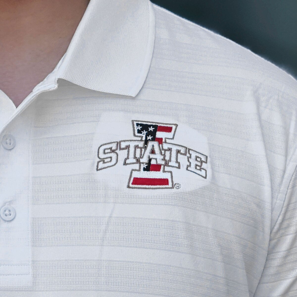Champion Patriotic I-State White Polo design close up